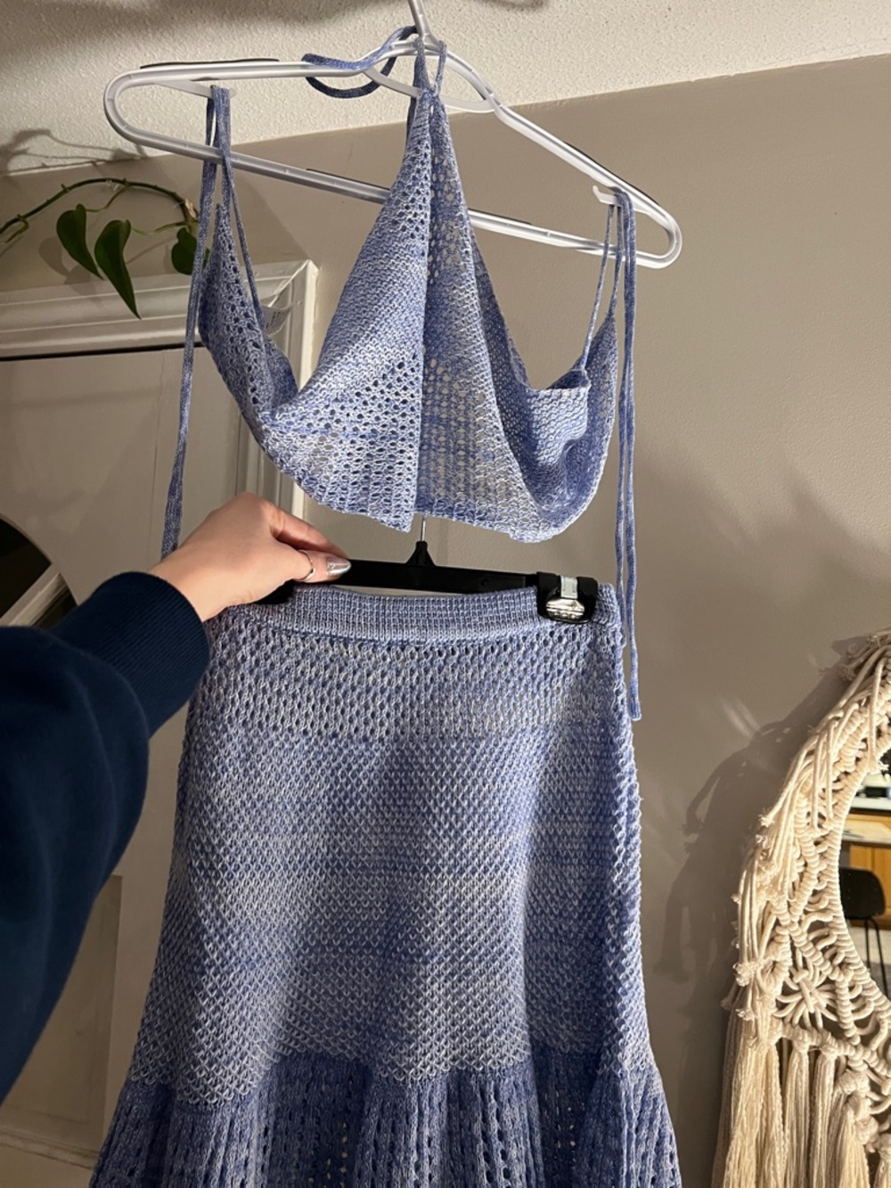 Hand-Knit Light Blue Crochet Halter Top & Skirt Set